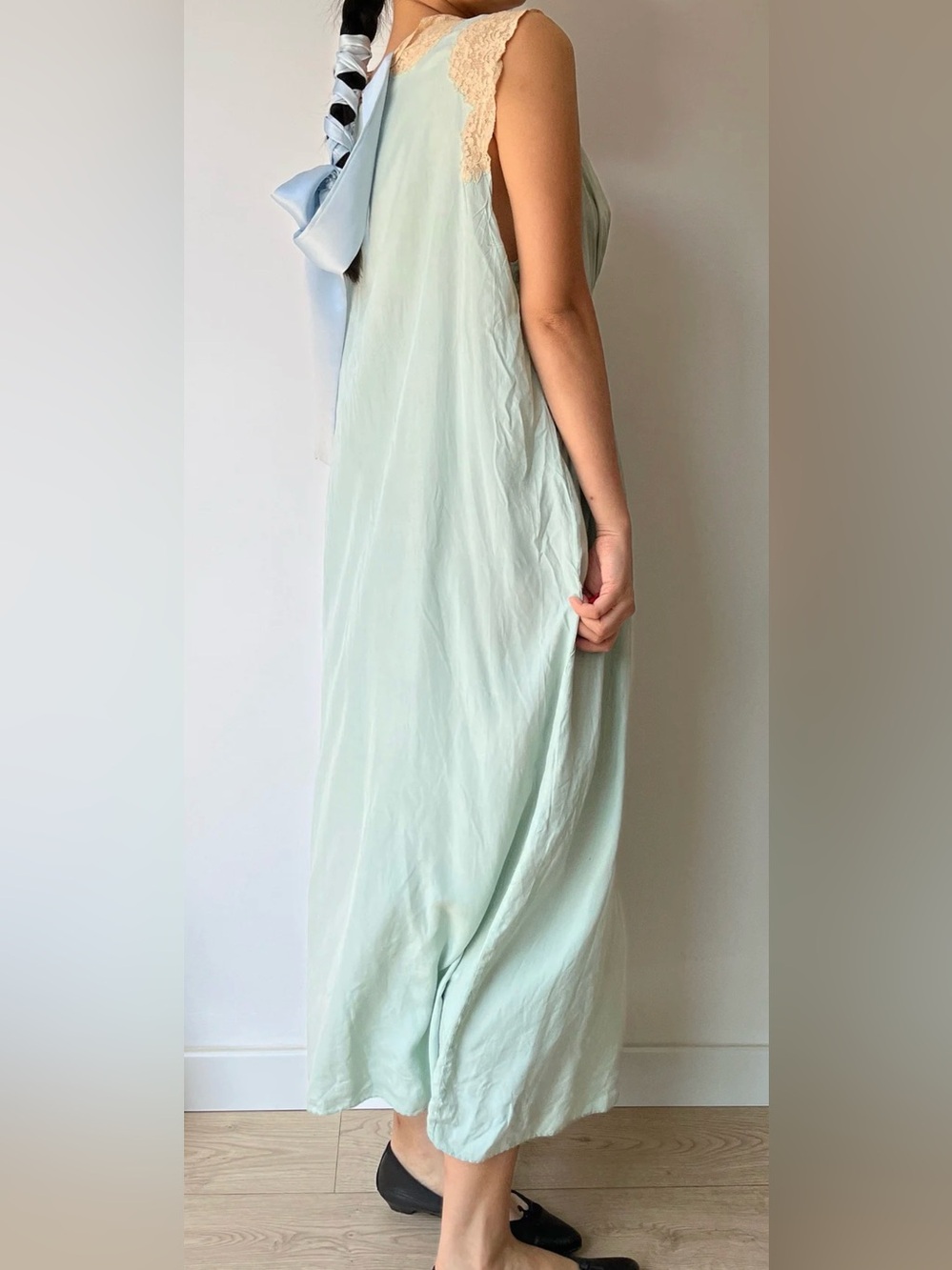 Antique vintage 1920s 1930s Silk Light Mint Green Maxi Slip Dress - Picture 5 of 5